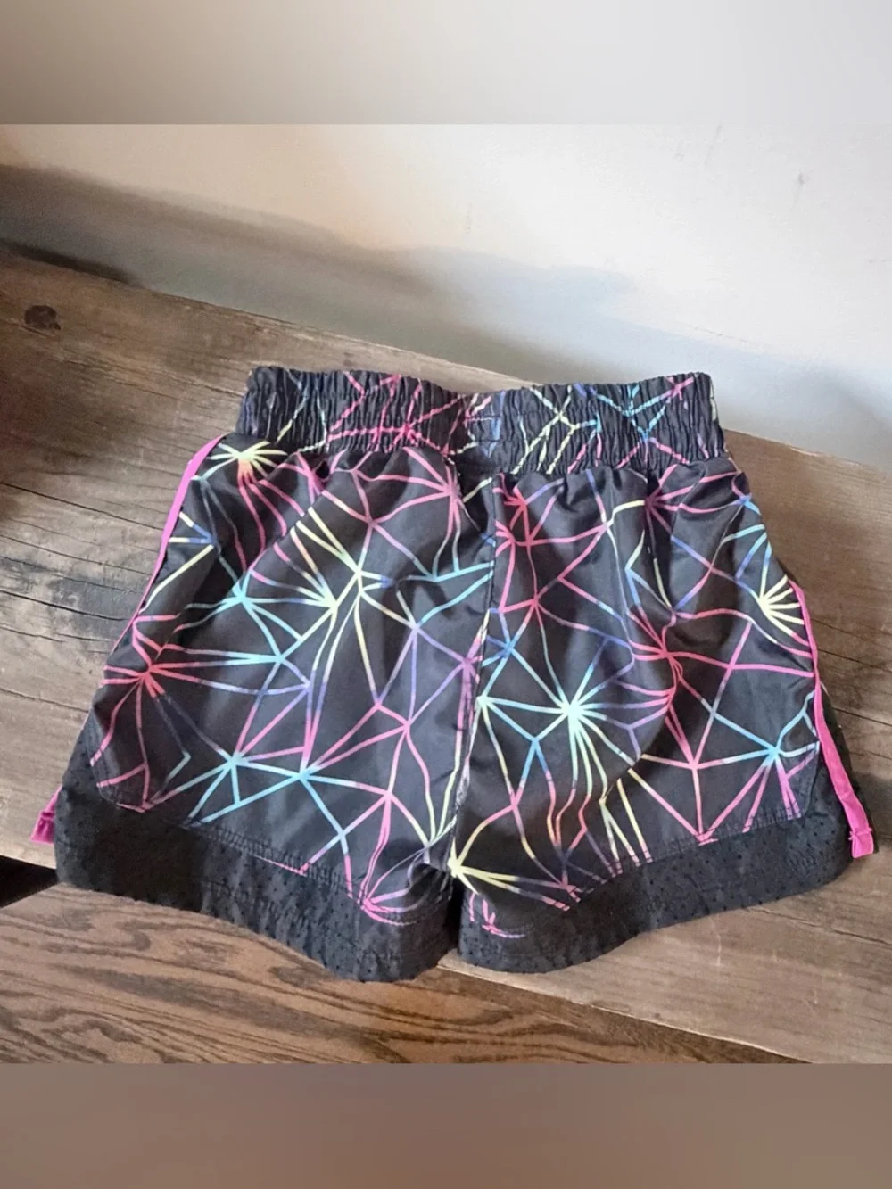 Girls Under Armour Black Athletic Shorts with Neon Geo Lines Size 6 - Picture 3 of 3